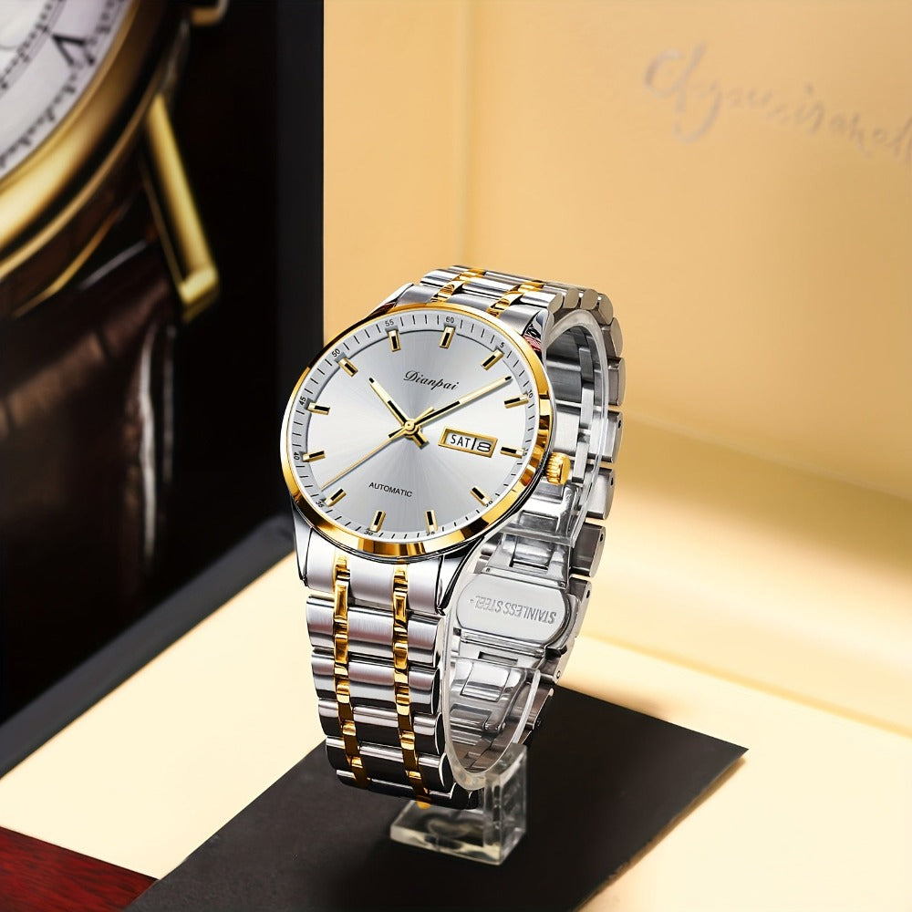 Un reloj de hombre tradicional y sofisticado con un calendario luminoso, fabricado con una correa de acero inoxidable, lo que lo convierte en un regalo ideal para hombres. El reloj mecánico automático Dianpai para negocios, sin batería.