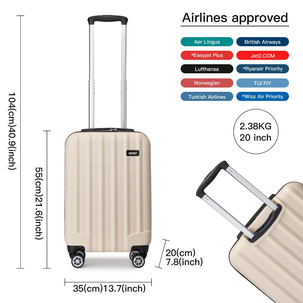 3 piezas de conjunto de maleta de cabina Beige ABS carcasa dura Carry On Trolley Case equipaje de mano ligero con 4 ruedas y cerradura de combinación