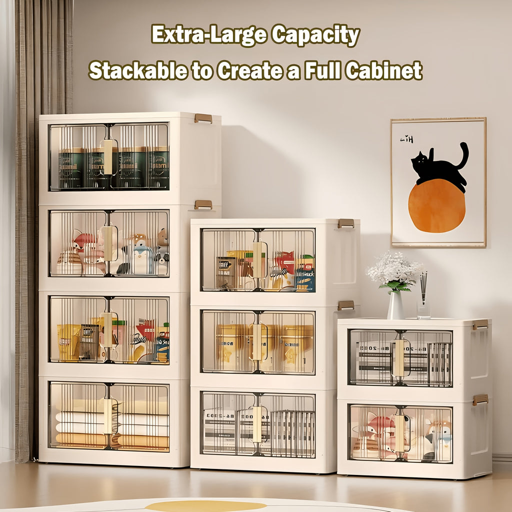 Armario de almacenamiento plegable extragrande de 74 cm, organizador apilable de 3/4/5 niveles con ruedas, puertas transparentes, manijas en tono dorado y cierre magnético para el hogar, oficina, cocina, baño y despensa