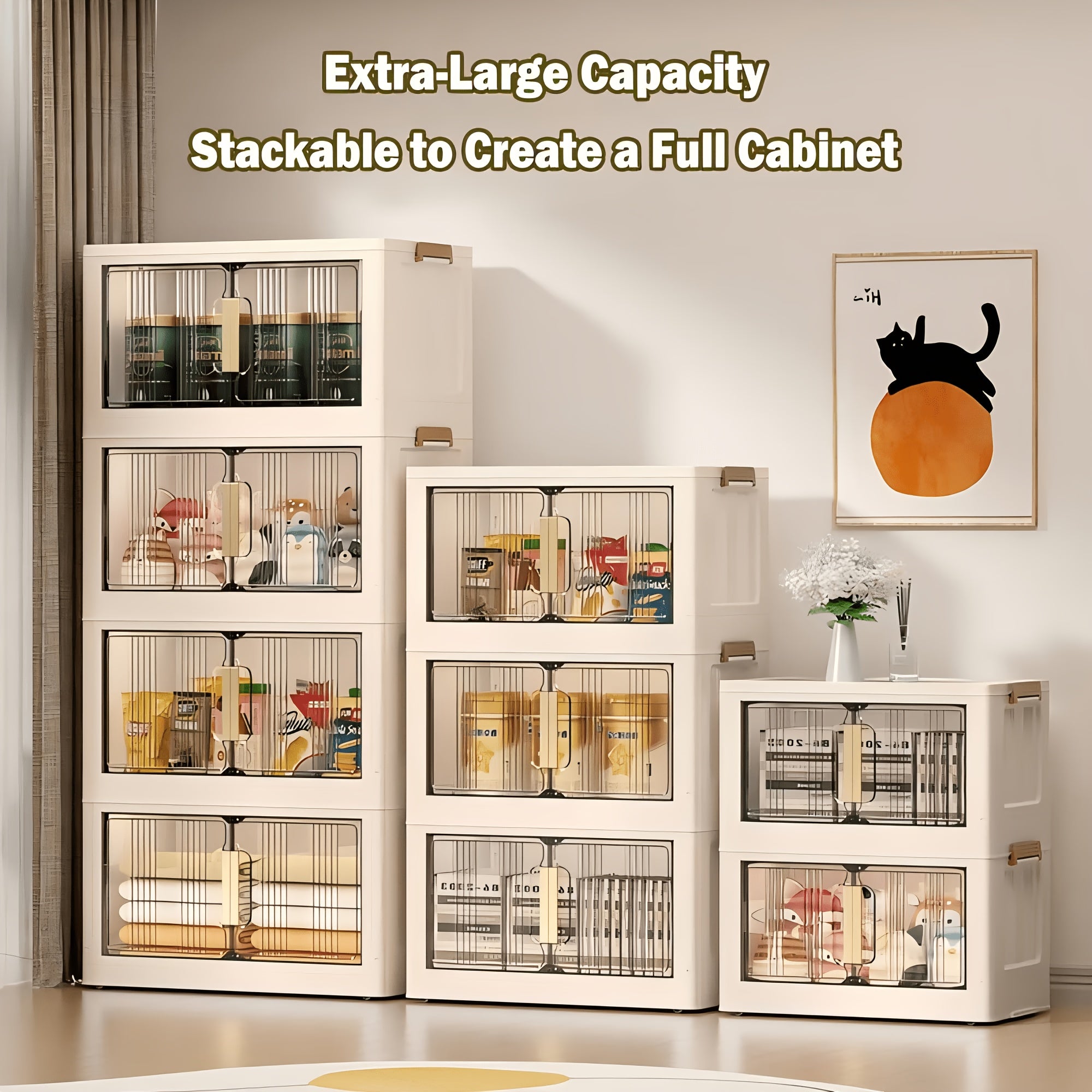 Armario de almacenamiento plegable extragrande de 74 cm, organizador apilable de 3/4/5 niveles con ruedas, puertas transparentes, manijas en tono dorado y cierre magnético para el hogar, oficina, cocina, baño y despensa