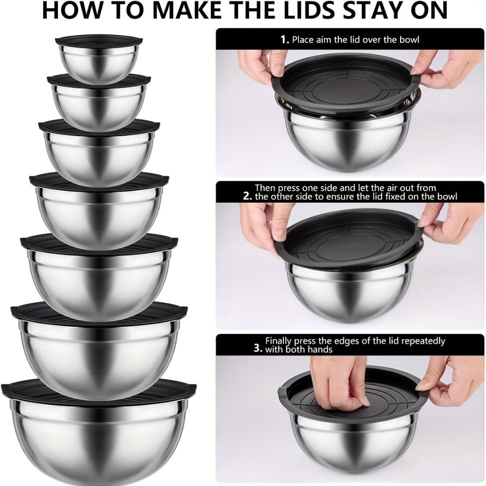 Juego de 21 tazones mezcladores/7 tazones con tapas, tazones para ensalada anidables de acero inoxidable con 3 accesorios de rallador, 7 cucharas medidoras y fondo de silicona antideslizante, tazones de cocina para cocinar, hornear y preparar alimentos, a