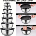 Juego de 21 tazones mezcladores/7 tazones con tapas, tazones para ensalada anidables de acero inoxidable con 3 accesorios de rallador, 7 cucharas medidoras y fondo de silicona antideslizante, tazones de cocina para cocinar, hornear y preparar alimentos, a