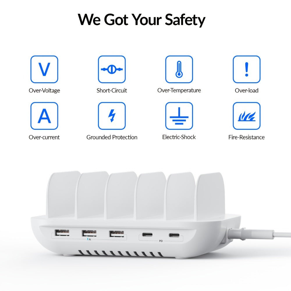 Soopii Hub de Carga Multi-Dispositivo de 5 Puertos, con 2 Puertos PD de 20W para Carga Rápida y 3 Puertos USB Compatibles con iPhones, iPhone 17, Smartphones, Tablets y Más. Incluye un Organizador de Cables, Perfecto para Regalos de Navidad. (Cables No In