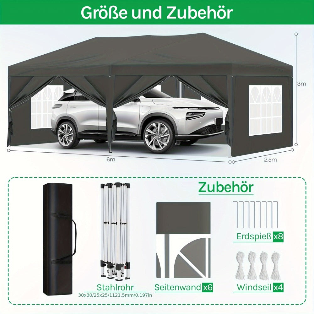 Toldo plegable de exterior de 1 pieza de 3 x 6 metros, toldo para exteriores, carpa de recepción portátil, cenador de metal, refugio, equipado con 6 paredes laterales y 4 ventanas, resistente al viento, protección UV, fácil de instalar, resistente y durad