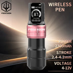 Kit de pluma máquina de tatuaje rotativa inalámbrica POSEIDON, motor sin núcleo de trazo ajustable de 2.4-4.2 mm, dos baterías con pantalla digital de 2300 mAh, viene con 10 agujas de tatuaje y otras adiciones