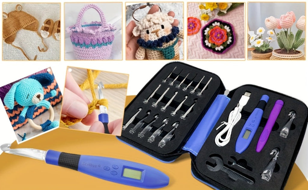 Juego de Ganchos para Crochet con Contador y Luz LED, 18 en 1, Incluye Llave Grande/Pequeña, Mango Extra y Bolsa de Almacenamiento, Ideal para Tejer y Crochet