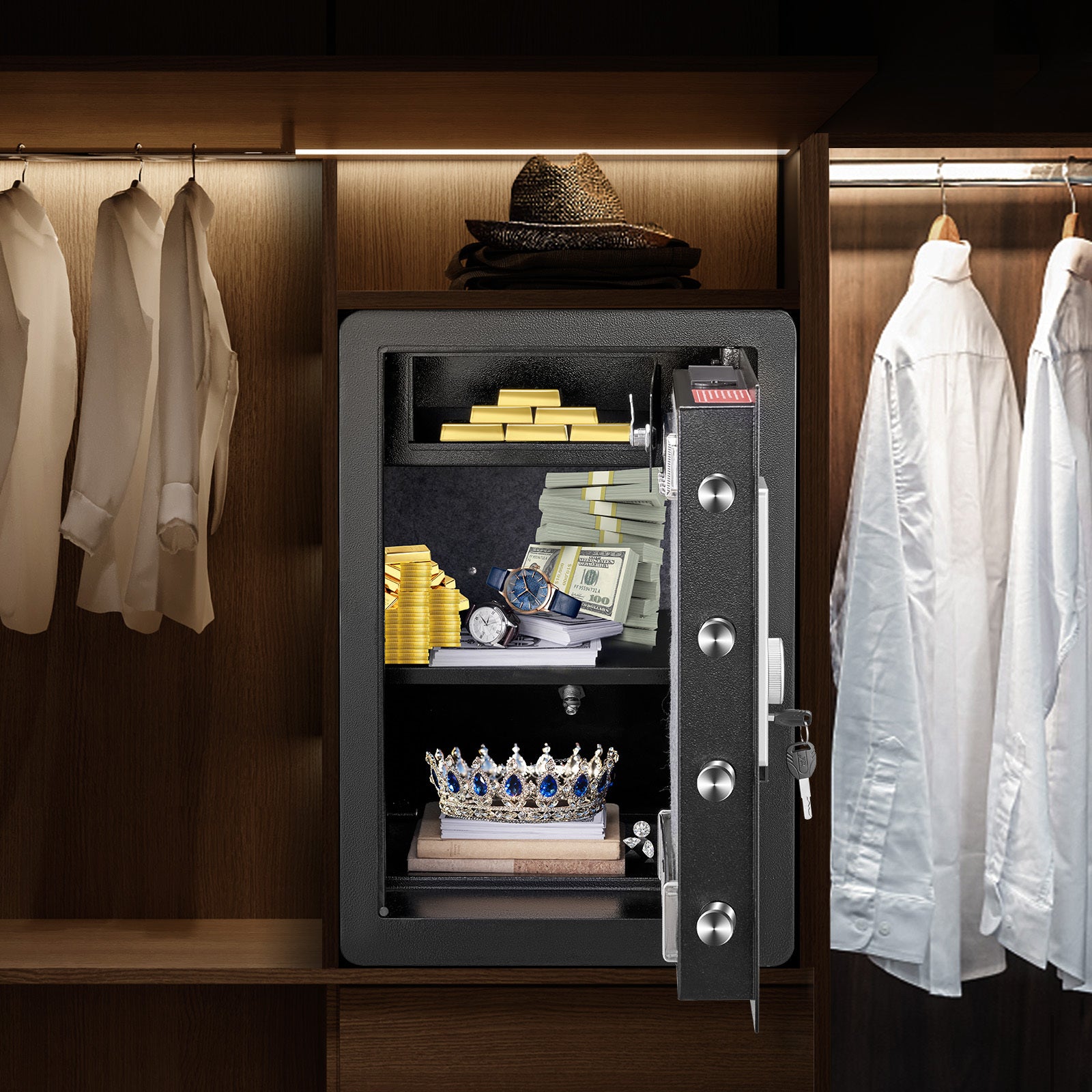 VEVOR Seguro, 2.2 pies cúbicos Caja Fuerte para el Hogar, Caja de Seguridad de Acero con Huella Digital, Teclado Digital y 2 Llaves, Caja Fuerte con Bolsa Grande a Prueba de Fuego, Protege Efectivo, Oro, Joyas, Documentos, 15.8x13x23.6 pulgadas