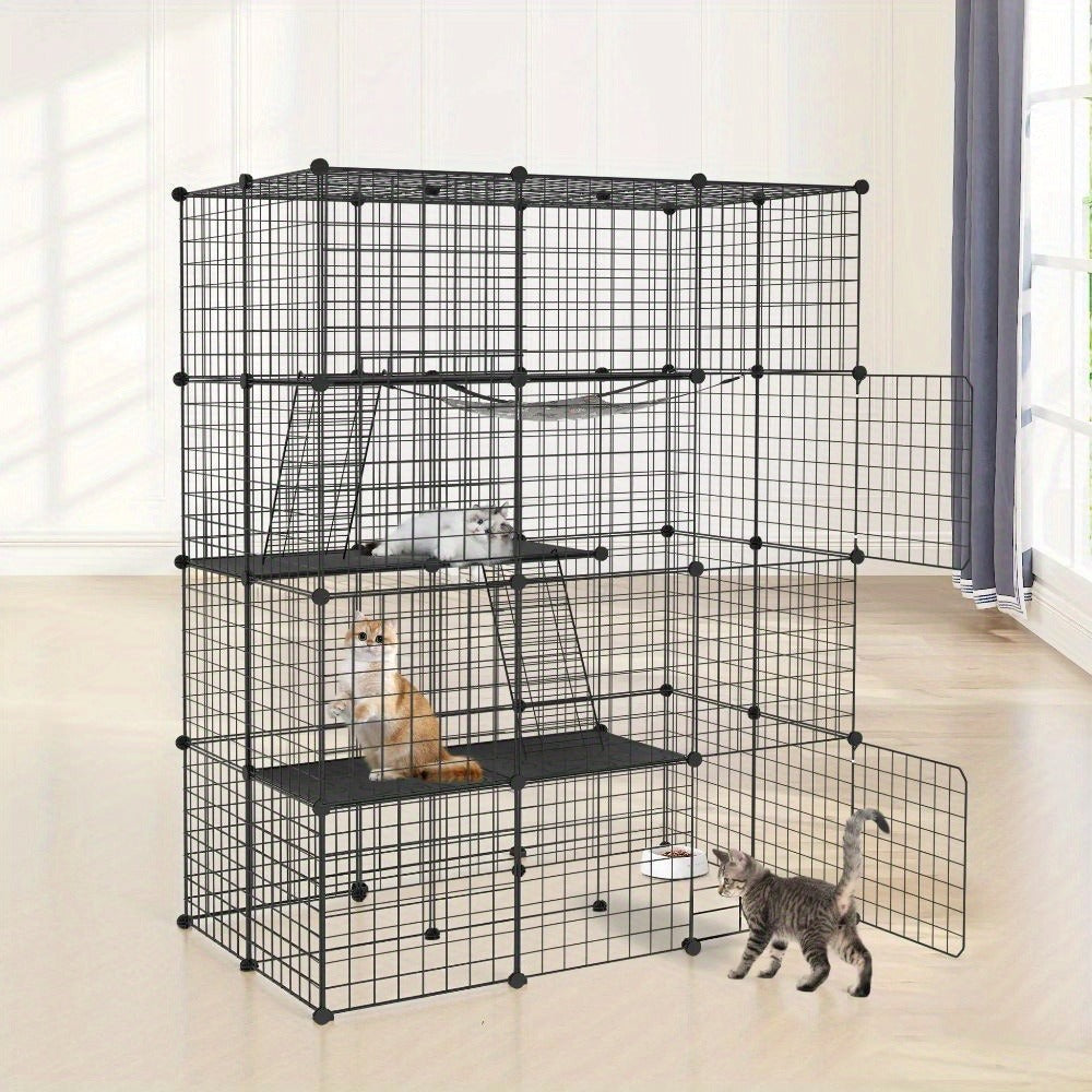 Cerradura Metálica Negra para Exteriores para Conejos, con Puerta y Adecuada para Animales Pequeños como Cobayas y Cachorros, Medidas 146X110X74 Cm (4 Columnas y 3 Capas)