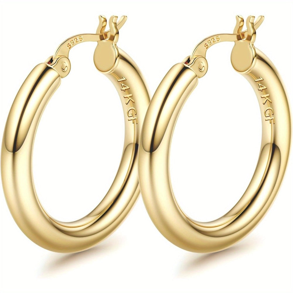 Pendientes de aro plateados de oro de 14K para mujer con poste de plata 925, aros huecos de 4 mm de grosor, aros dorados, aros grandes dorados hipoalergénicos y ligeros de 25/30/40/50/60/70 mm
