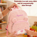 Mochila de Pana con Bordado de Oso Personalizado - Bolso de Hombro Ajustable para Mujeres, Ligero y Transpirable, con Opción de Nombre Personalizado, Forro de Nylon Duradero, Ideal para Regalos de Vuelta al Colegio y Viajes