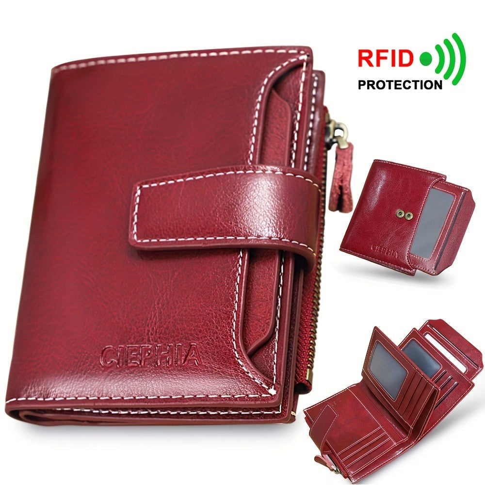 Monedero Ciephia de Cuero Genuino con Bloqueo RFID - Rojo Compacto con Detalles Dorados, 14 Ranuras para Tarjetas, Ventana Extraíble para DNI y Bolsillo con Cremallera para Monedas, Regalo Casual para San Valentín o el Día de la Madre, Apto para Hombres y