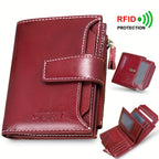 Monedero Ciephia de Cuero Genuino con Bloqueo RFID - Rojo Compacto con Detalles Dorados, 14 Ranuras para Tarjetas, Ventana Extraíble para DNI y Bolsillo con Cremallera para Monedas, Regalo Casual para San Valentín o el Día de la Madre, Apto para Hombres y