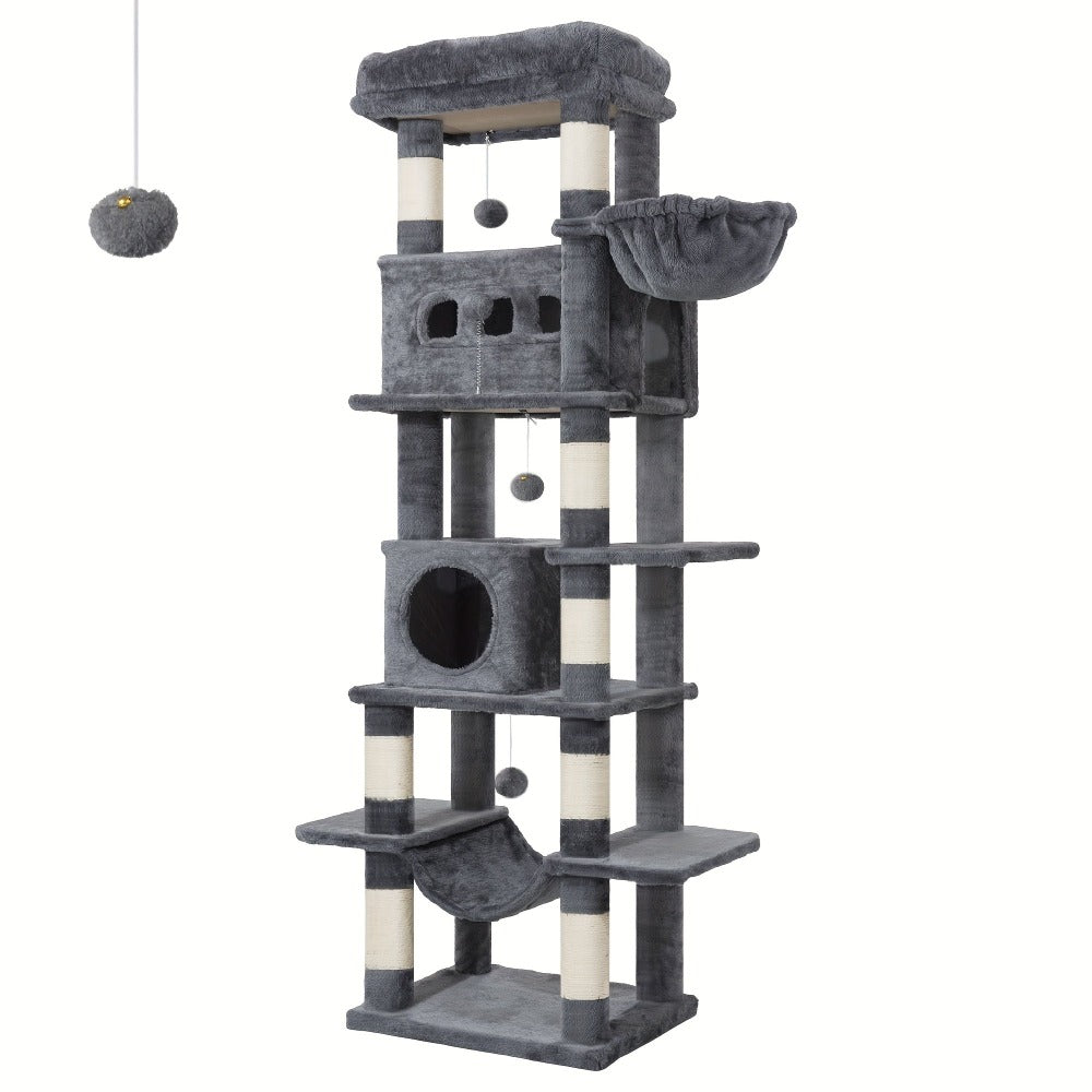 Torre para gatos de interior, 170 cm de alto, casa espaciosa de varios niveles con condominio, 8 postes para rascar, una hamaca y 4 pompones