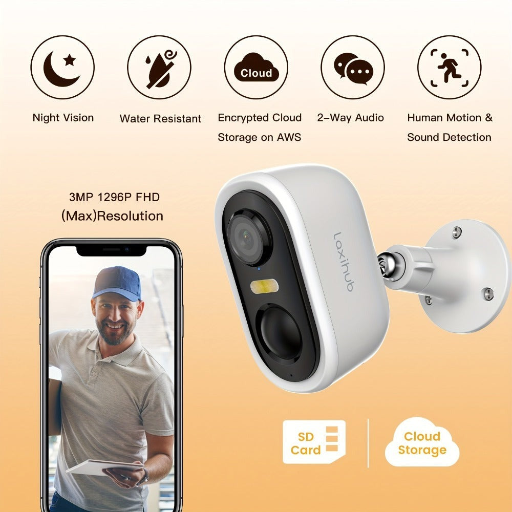 Cámara de seguridad LaxiHub Wifi para exterior con batería, resolución de video 3MP 1296P FHD, cámara CCTV con batería de 5200mAh para seguridad del hogar, detección de movimiento con IA, foco, visión nocturna a color, audio bidireccional