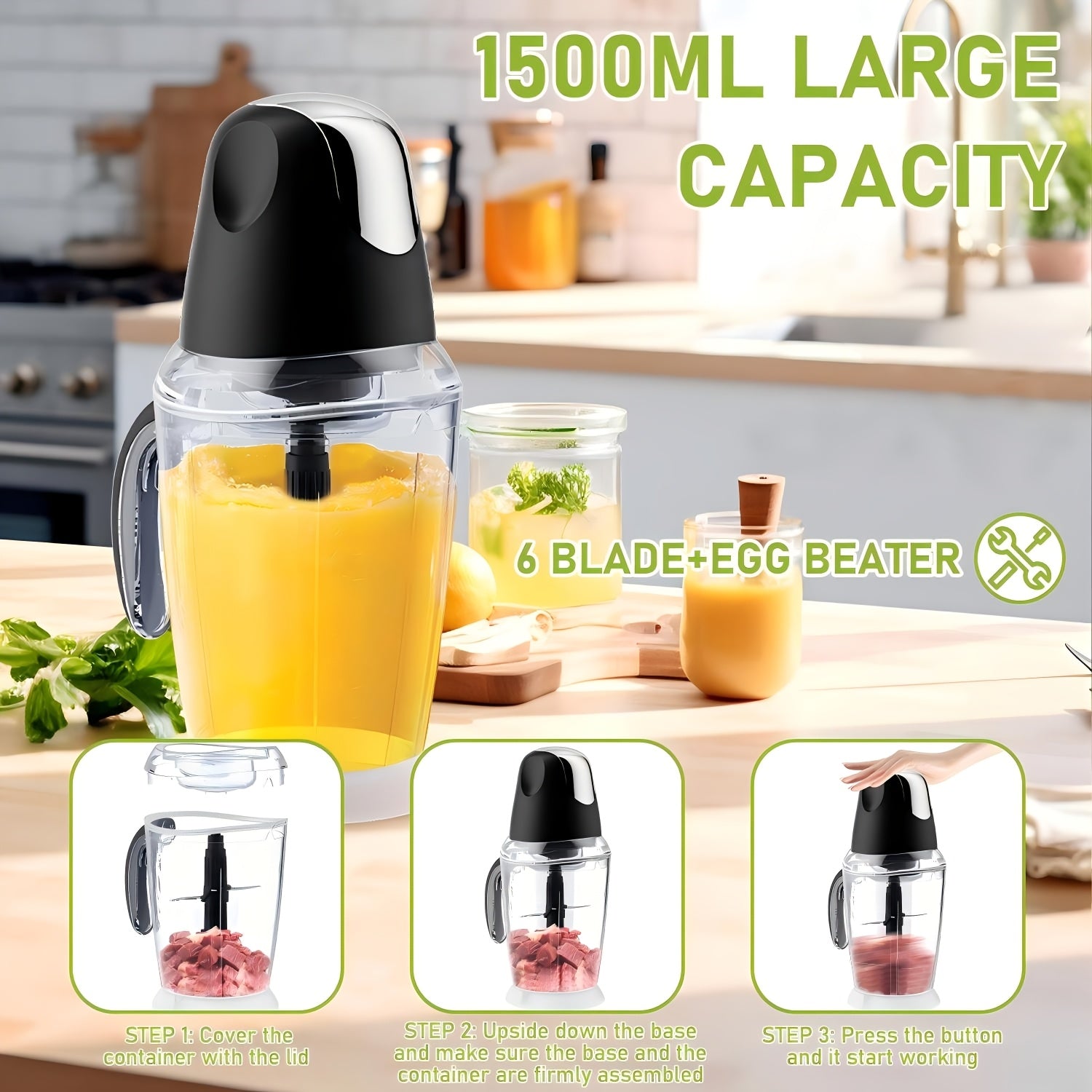 PANCERKA 1500ML Procesador de Alimentos Eléctrico con Picadora de Carne, Picadora, Batidora de Huevos y 6 Cuchillas, para Carne, Batidos, Verduras, Puré, Frutas, Ajo, Grande/Pequeño