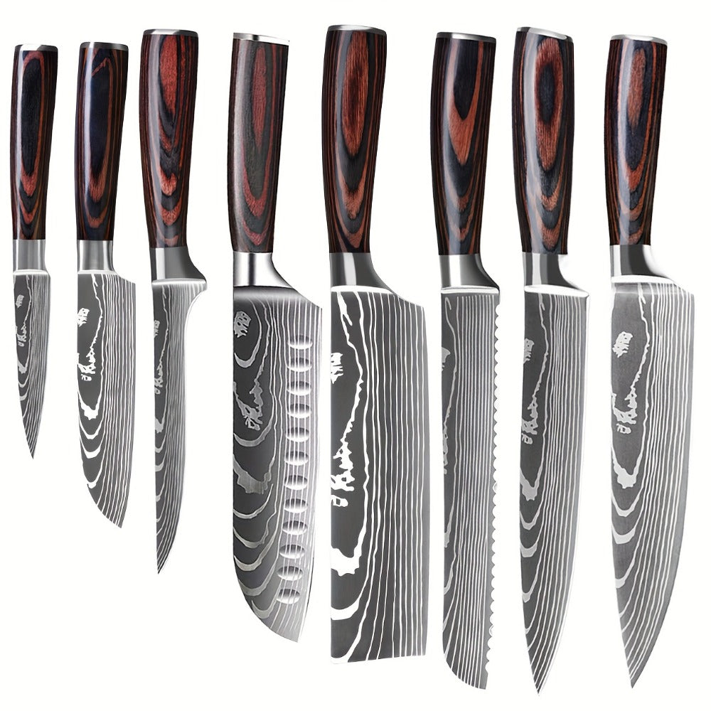 Juego de 8 cuchillos, Cuchillo de chef, Cuchillo de cocina universal, Acero inoxidable alemán, Mangos ergonómicos de Pakkawood para restaurante doméstico