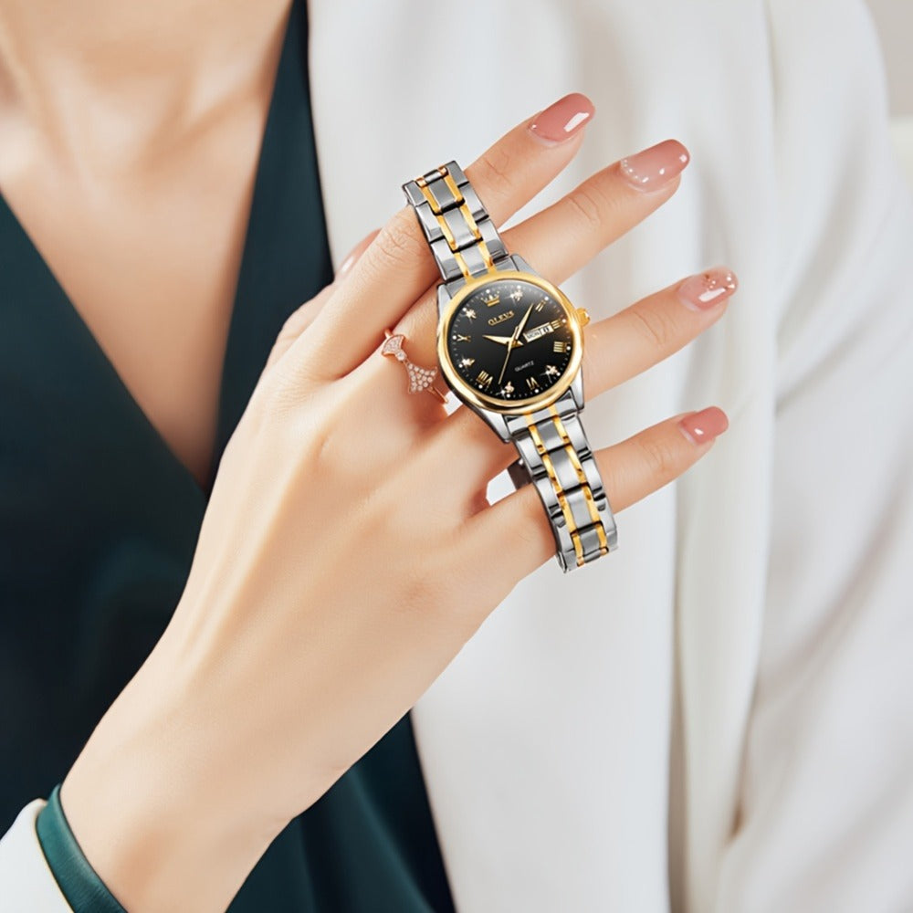 Relojes de Mujer OLEVS: Elegantes y de Moda para Negocios, Diseño Femenino para Muñecas Pequeñas, Cara Pequeña, Tono Dorado y Plateado, Correa de Acero Inoxidable, Cuarzo Analógico, Fecha y Día, Luminiscente, Esferas en /Blanco/Dorado/Azul