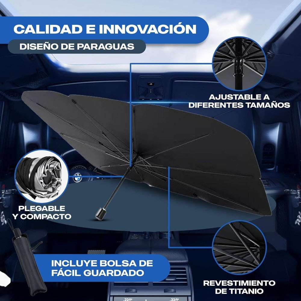 Parasol Coche Delantero Protector Solar SUV y Camión Parasol Paraguas Coche Resiste a los Rayos UV Parasol Plegable141x81cm.