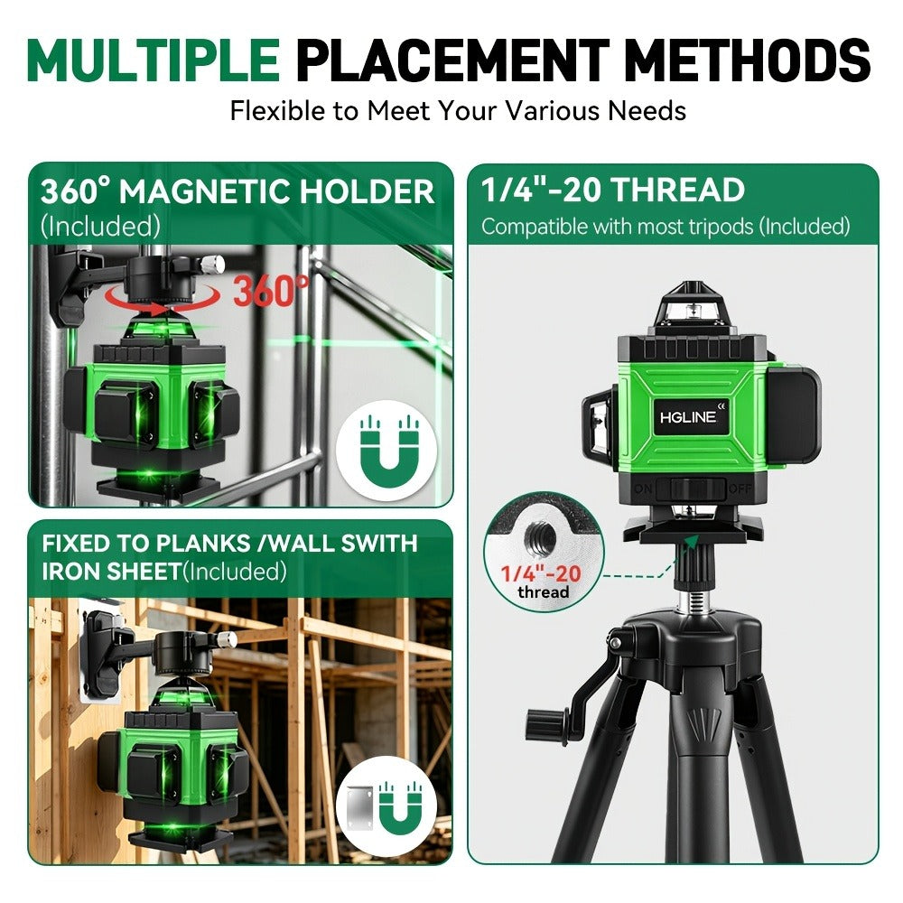1 Juego de Nivel Láser de 16 Líneas con Nivelación Automática de 360°, Herramienta de Nivel Láser de Línea Cruzada Verde 4X360° para Construcción y Colgar Cuadros, Nivel Láser 4D con 2 Baterías Recargables