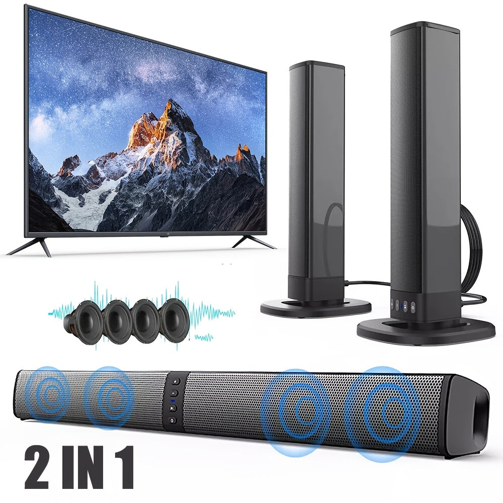 Barra de Sonido Estéreo para Smart TVs, Subwoofer sin varillas 2 en 1, Sistemas de Cine en Casa, Mejora de Graves, Conectividad Inalámbrica, TF, AUX, FM, RCA, TWS, Batería Recargable Integrada de 2000mAh, Compatible con Reproductor de DVD, TV, Computadora