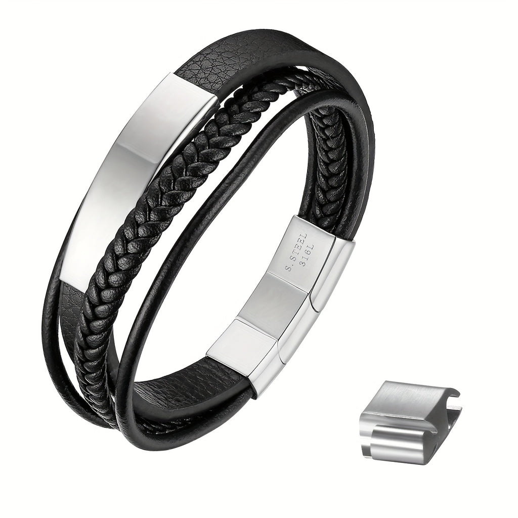 Un brazalete tejido multicapa diseñado para hombres, equipado con un cierre curvo de marca. Su longitud ajustable lo convierte en un regalo ideal para hombres