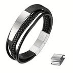 Un brazalete tejido multicapa diseñado para hombres, equipado con un cierre curvo de marca. Su longitud ajustable lo convierte en un regalo ideal para hombres