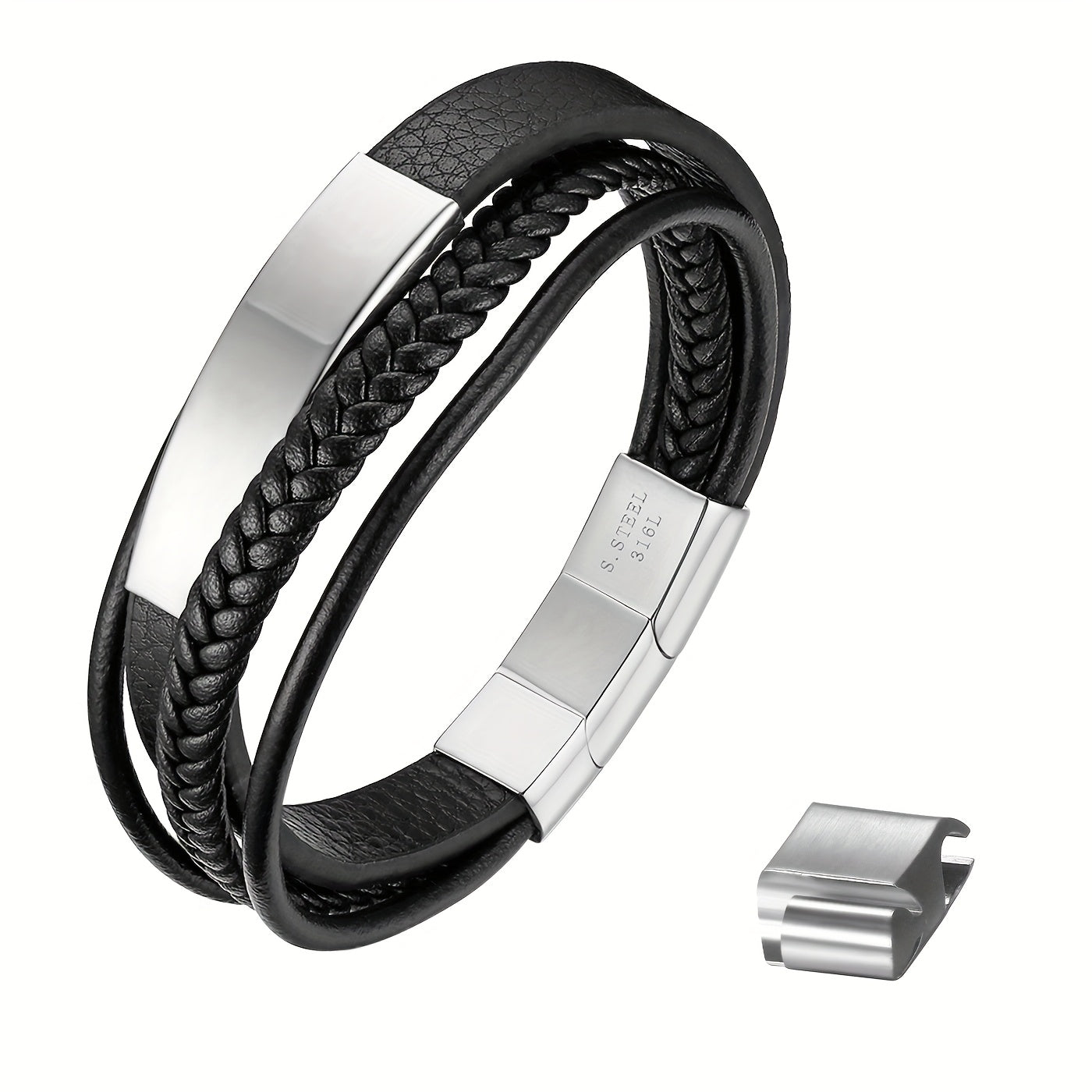 Un brazalete tejido multicapa diseñado para hombres, equipado con un cierre curvo de marca. Su longitud ajustable lo convierte en un regalo ideal para hombres