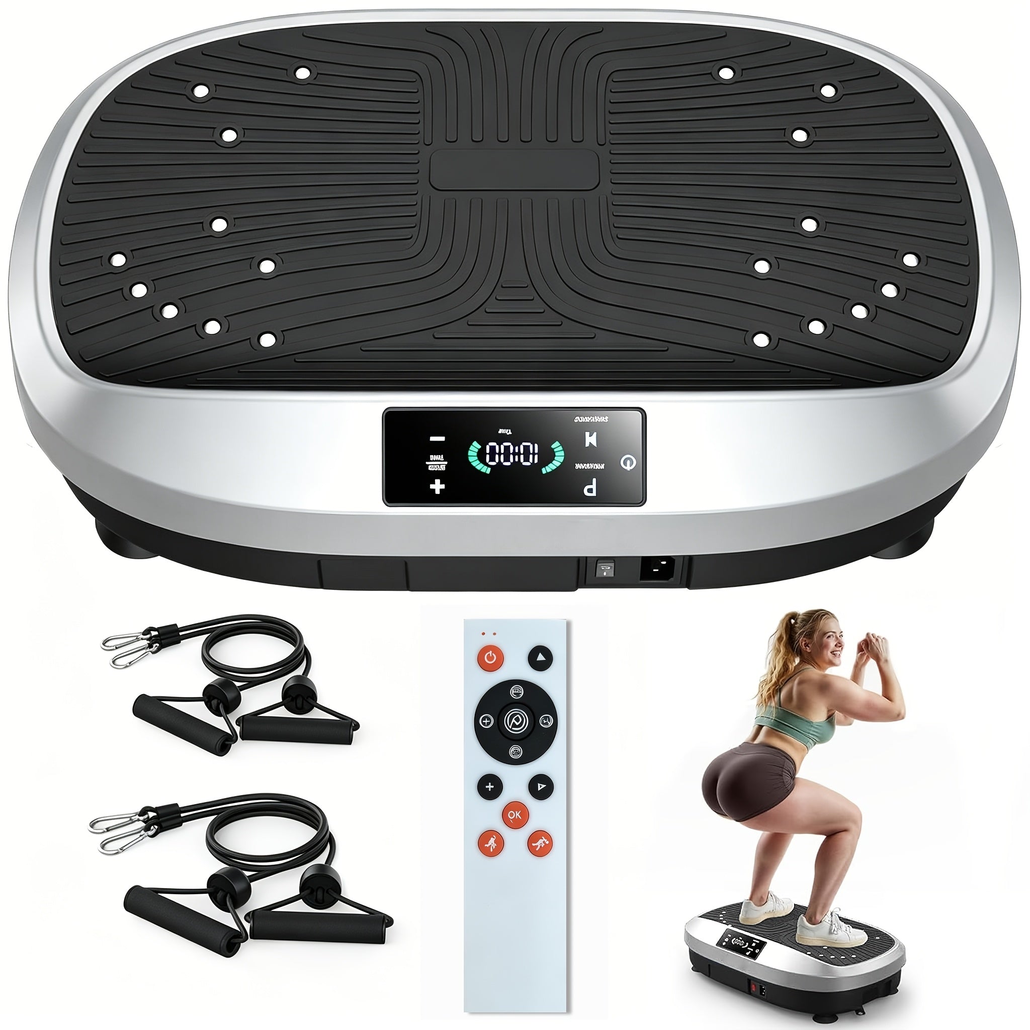 Placa de vibración de cuerpo completo con 6 programas de entrenamiento, masaje electromagnético de 120 niveles, motor silencioso, control remoto incorporado, superficie antideslizante + bandas de resistencia, equipo de fitness para el hogar de 120 kg de c