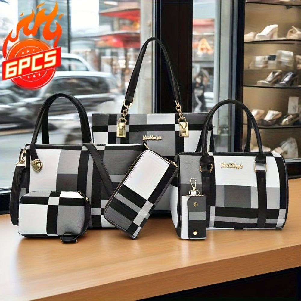 Juego de 6 piezas de bolso Vanaheimr para mujer, estampado de cuadros casual, las rayas son aleatorias, correa ajustable, cierre de cremallera, forrado, color de contraste de moda, combinación de bolso tote y bandolera de gran capacidad, ideal para regalo