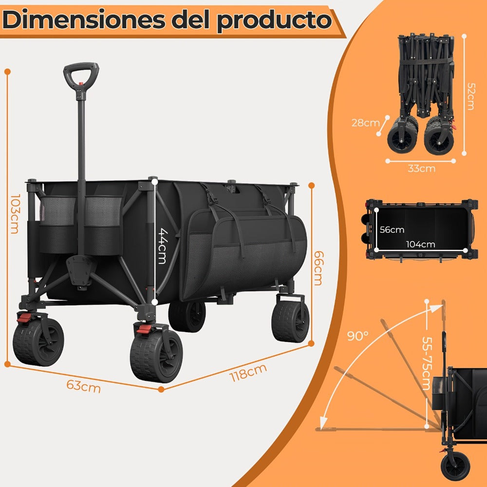 Carro plegable todoterreno de alta resistencia de 300L, carro profesional con certificación GS, ruedas de PU de 17cm con frenos, lona duradera gris oscuro Jet Black, plegable para sitios de construcción/camping, carro profesional