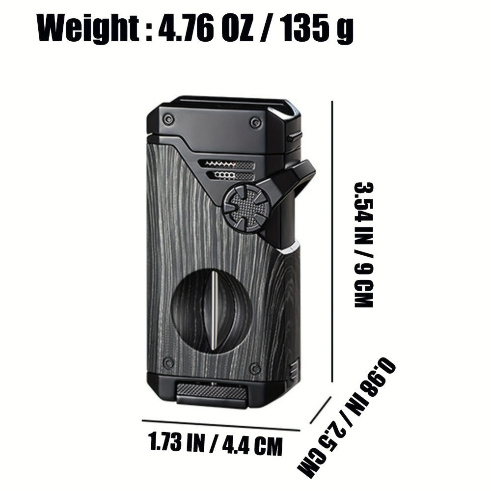 Encendedor de metal 5 en 1 con llama azul cuádruple, a prueba de viento, recargable con butano, para cigarros. Incluye cortador de cigarro, punzón, horquilla anti-escaldaduras y tapa con soporte.
