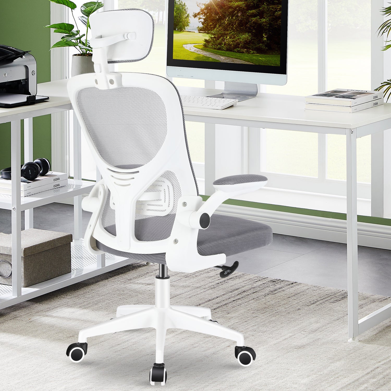 Silla de Oficina con Función de Inclinación de 105°, Silla de Oficina Ergonómica con Soporte Lumbar, Reposacabezas y Reposabrazos Ajustable, Silla Giratoria, Silla de Oficina de Altura Ajustable 120Kg, Blanca