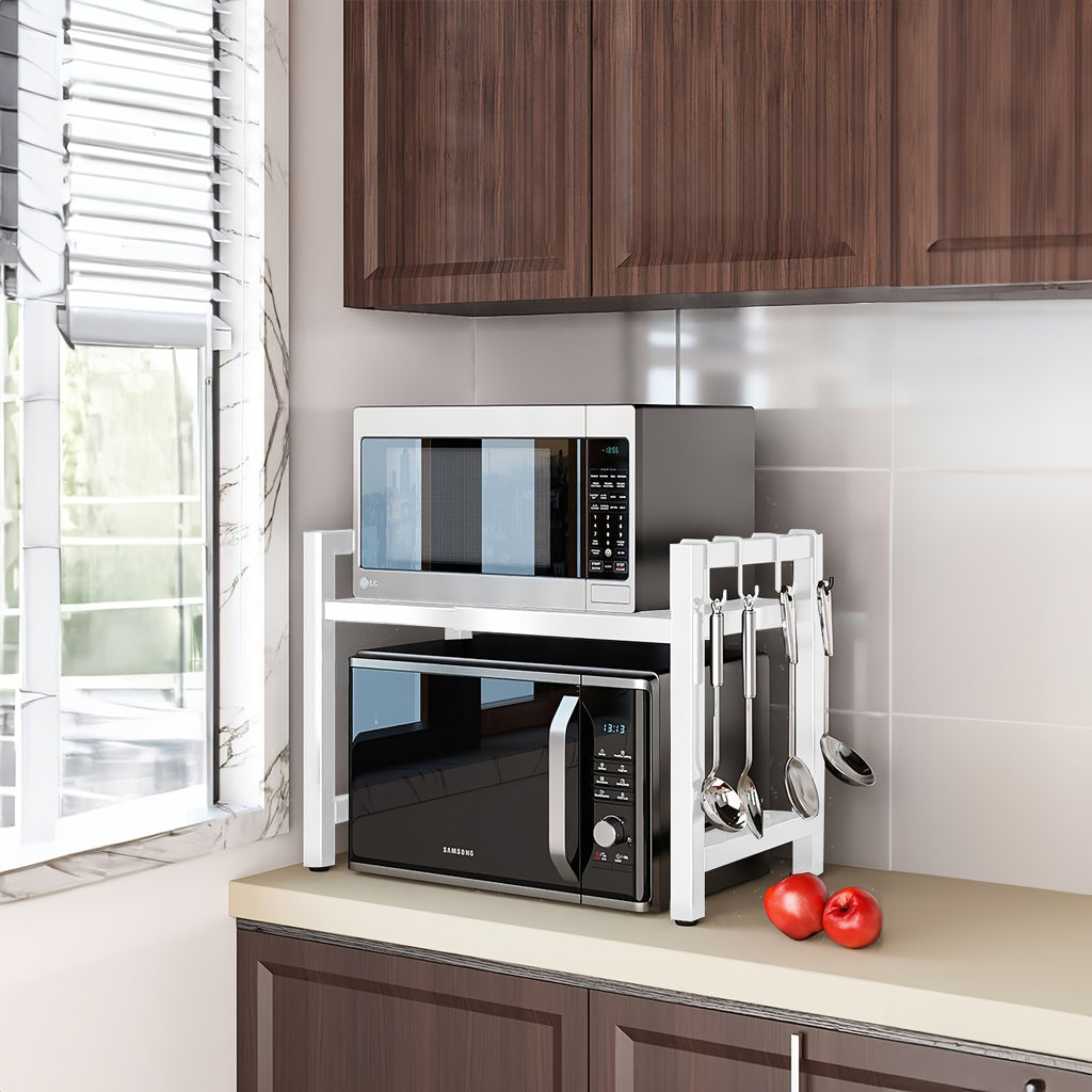 Estante Extensible para Microondas de 2 Niveles con 5 Ganchos, Soporte para Tabla de Cortar y 3 Toallas, Organizador de Cocina, Estante para Hornear en Microondas para Encimeras, Extensible de 40-64 cm (, Blanco)