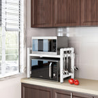 Estante Extensible para Microondas de 2 Niveles con 5 Ganchos, Soporte para Tabla de Cortar y 3 Toallas, Organizador de Cocina, Estante para Hornear en Microondas para Encimeras, Extensible de 40-64 cm (, Blanco)