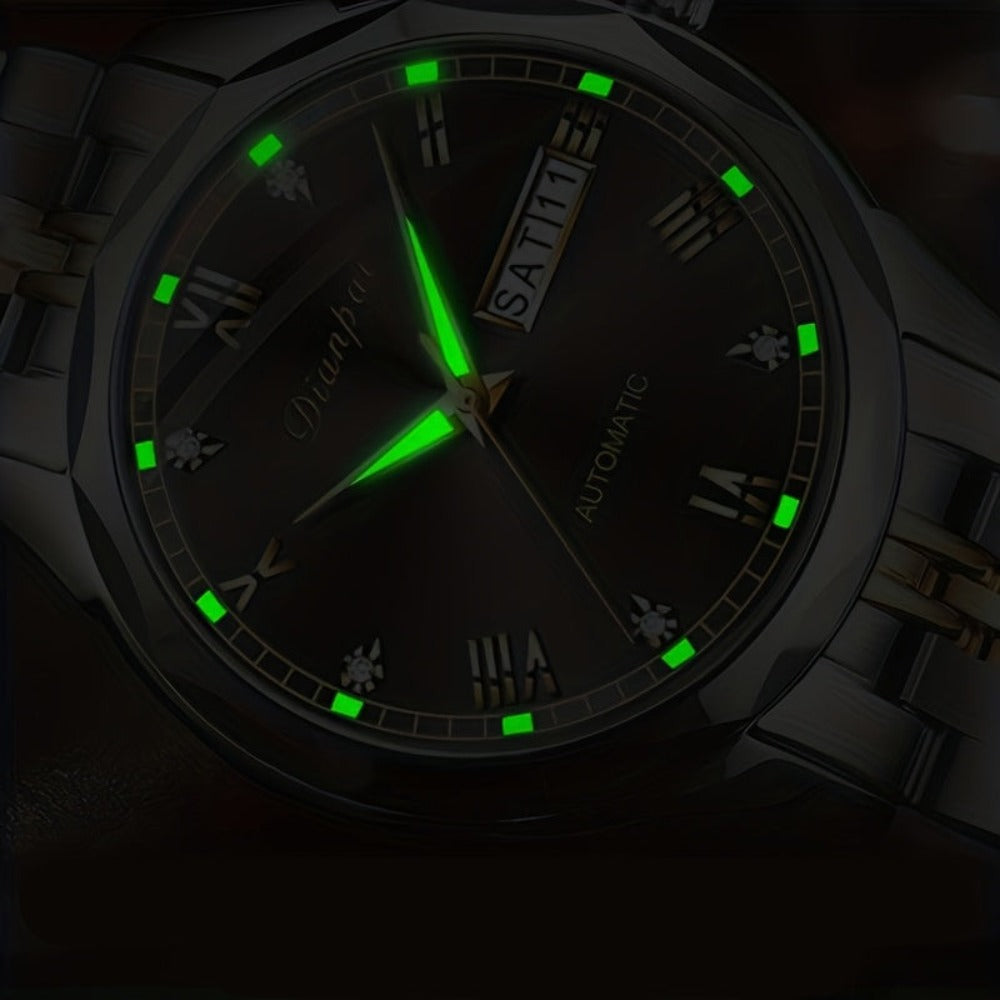 Reloj mecánico automático de lujo para hombre de Dianpai, ideal para uso diario casual, con diseño redondo, calendario y agujas luminosas, un regalo perfecto para hombres, sin batería.