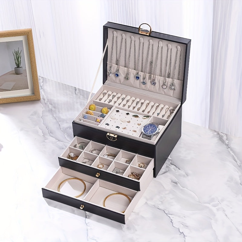 Joyero de tres capas de terciopelo y piel sintética, compacto y portátil para guardar aretes, anillos, collares y otros suministros para hacer joyas