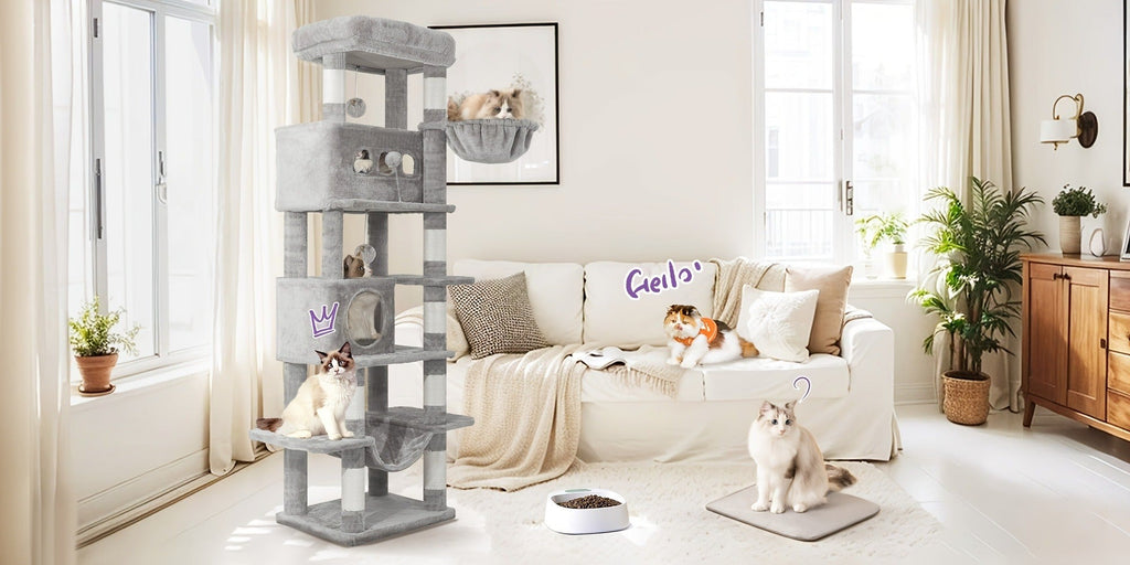 Torre para gatos de interior, 170 cm de alto, casa espaciosa de varios niveles con condominio, 8 postes para rascar, una hamaca y 4 pompones