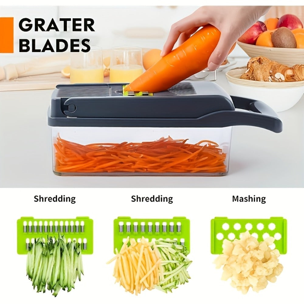 1 Juego de Picadora Manual de Verduras 16 en 1, con 8 Cuchillas, Recipiente, Pelador y Filtro, Fácil para Preparar Comidas, Cortador Profesional de Cebolla, Zanahoria y Ajo, Utensilios de Cocina