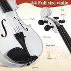 Violín de madera con arco, cuerdas, paño de limpieza y hombro - Elegante extremo blanco, incluye arco y accesorios para principiantes y profesionales, accesorios para violín, calidad profesional, diseño clásico, artesanía de alta calidad