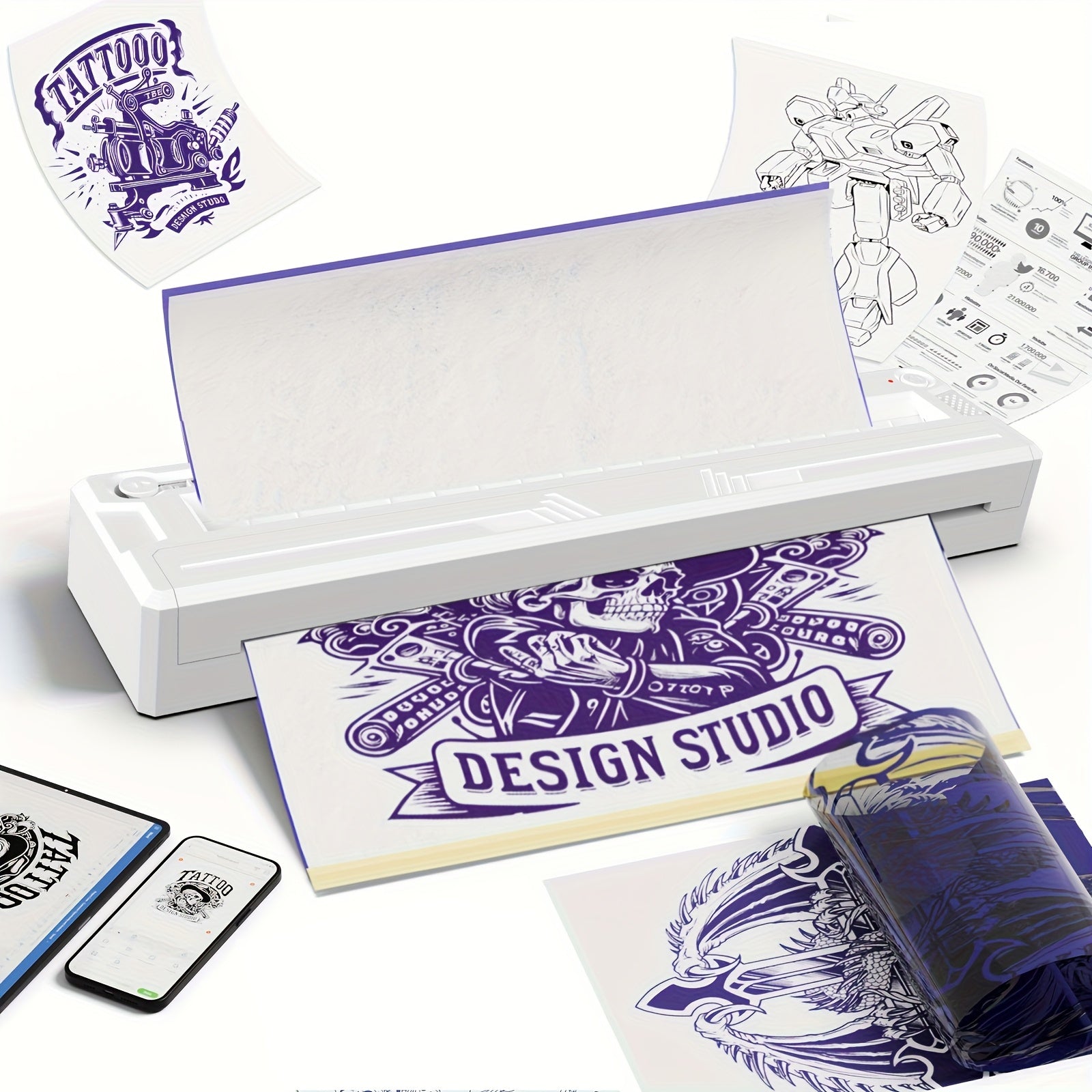 Impresora Térmica A4, Impresora de Papel para Tatúajes A4, Imprimir Etiquetas, Pegatinas y Envíos sin varillas & USB, 6 Hojas Transferibles + 6 Páginas Termales A4
