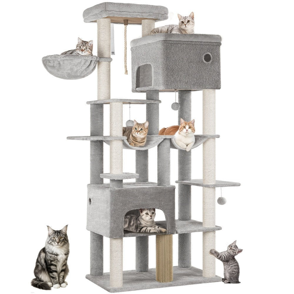 Poste Rascador para Gatos 200cm XXL, Incluye 10 Postes Rascadores, 2 Camas para Gatos, 2 Hamacas, Plataforma Grande, Cepillo para Gatos, Cesta, Árbol para Gatos de Alta Resistencia, Adecuado para Maine Coons y Gatos Grandes, Gris Claro, Gris Oscuro, Beige