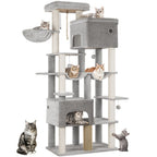 Poste Rascador para Gatos 200cm XXL, Incluye 10 Postes Rascadores, 2 Camas para Gatos, 2 Hamacas, Plataforma Grande, Cepillo para Gatos, Cesta, Árbol para Gatos de Alta Resistencia, Adecuado para Maine Coons y Gatos Grandes, Gris Claro, Gris Oscuro, Beige
