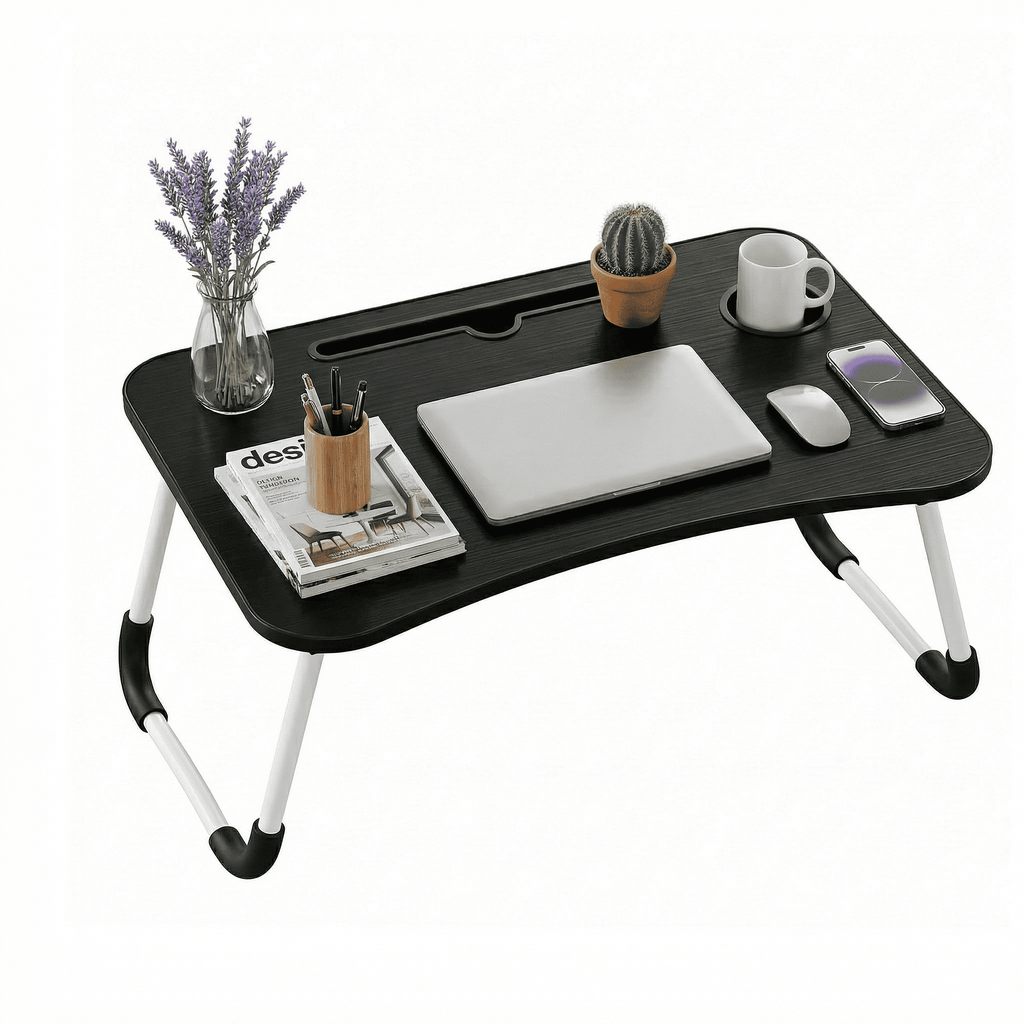 Mesa plegable para cama y sofá con portavasos, mesa auxiliar multifunción con atril para leer en la cama, bandeja multifunción para ordenador, libros, trabajo y estudio en casa (50x30x22cm)