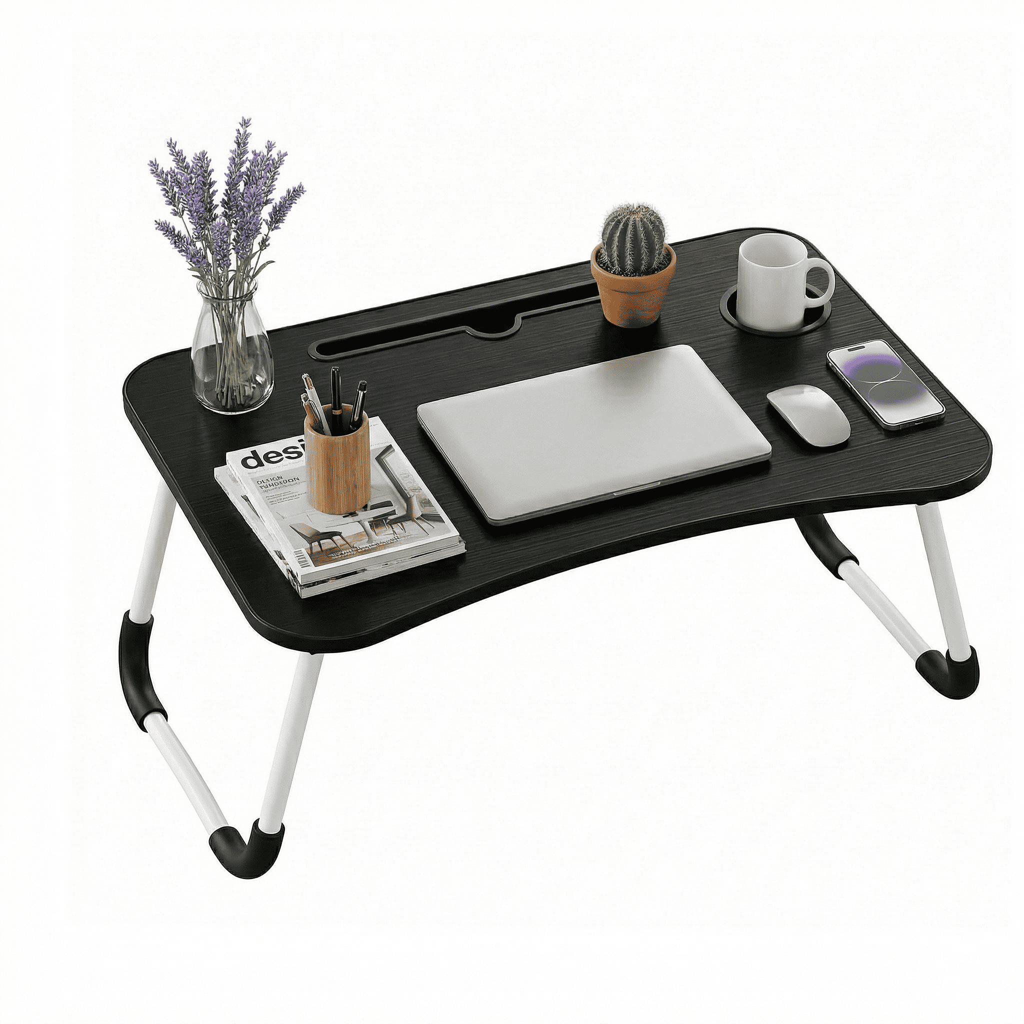 Mesa plegable para cama y sofá con portavasos, mesa auxiliar multifunción con atril para leer en la cama, bandeja multifunción para ordenador, libros, trabajo y estudio en casa (50x30x22cm)