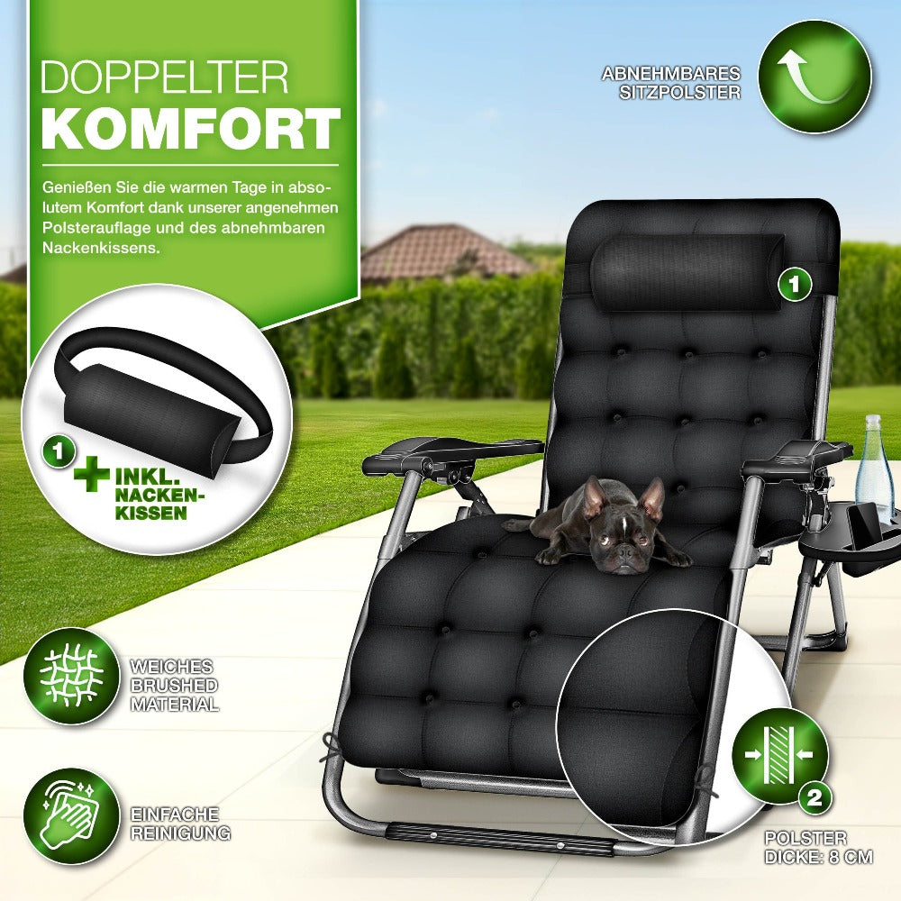 Tillvex® Tumbona Reclinable Plegable hasta 200Kg, Sillón de Sol para Jardín Exterior, Resistente a la Intemperie para Balcón, Jardín y Terraza, Ajustable con Acolchado Grueso, Reclinable, Extra Ancha, con Soporte para Bebidas