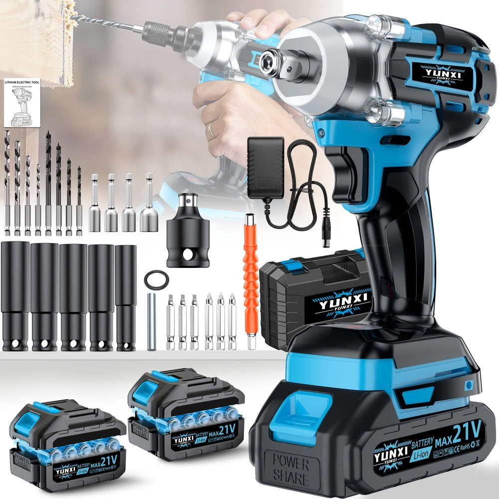 Juego de Llave de Impacto Inalámbrica, Empuñadura Ergonómica, Motor sin Escobillas, Herramienta Multifuncional, Batería Opcional, Cargador Rápido, Accesorios de Enchufe, Caja de Almacenamiento, Ideal para Mantenimiento Automotriz y Proyectos de Hogar