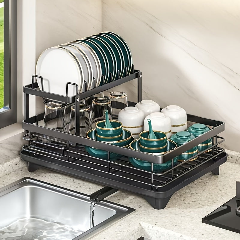 1pc Organizador de Platos de Metal - Organizador de Encimera de Cocina Ahorrador de Espacio con Escurridor, Soporte para Utensilios y Ganchos para Tazas, Estante Plegable de Dos Niveles para Platos, Tazones, Cubiertos - Ideal para Cocinas Domésticas y Com