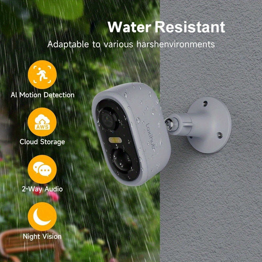Cámara de seguridad LaxiHub Wifi para exterior con batería, resolución de video 3MP 1296P FHD, cámara CCTV con batería de 5200mAh para seguridad del hogar, detección de movimiento con IA, foco, visión nocturna a color, audio bidireccional