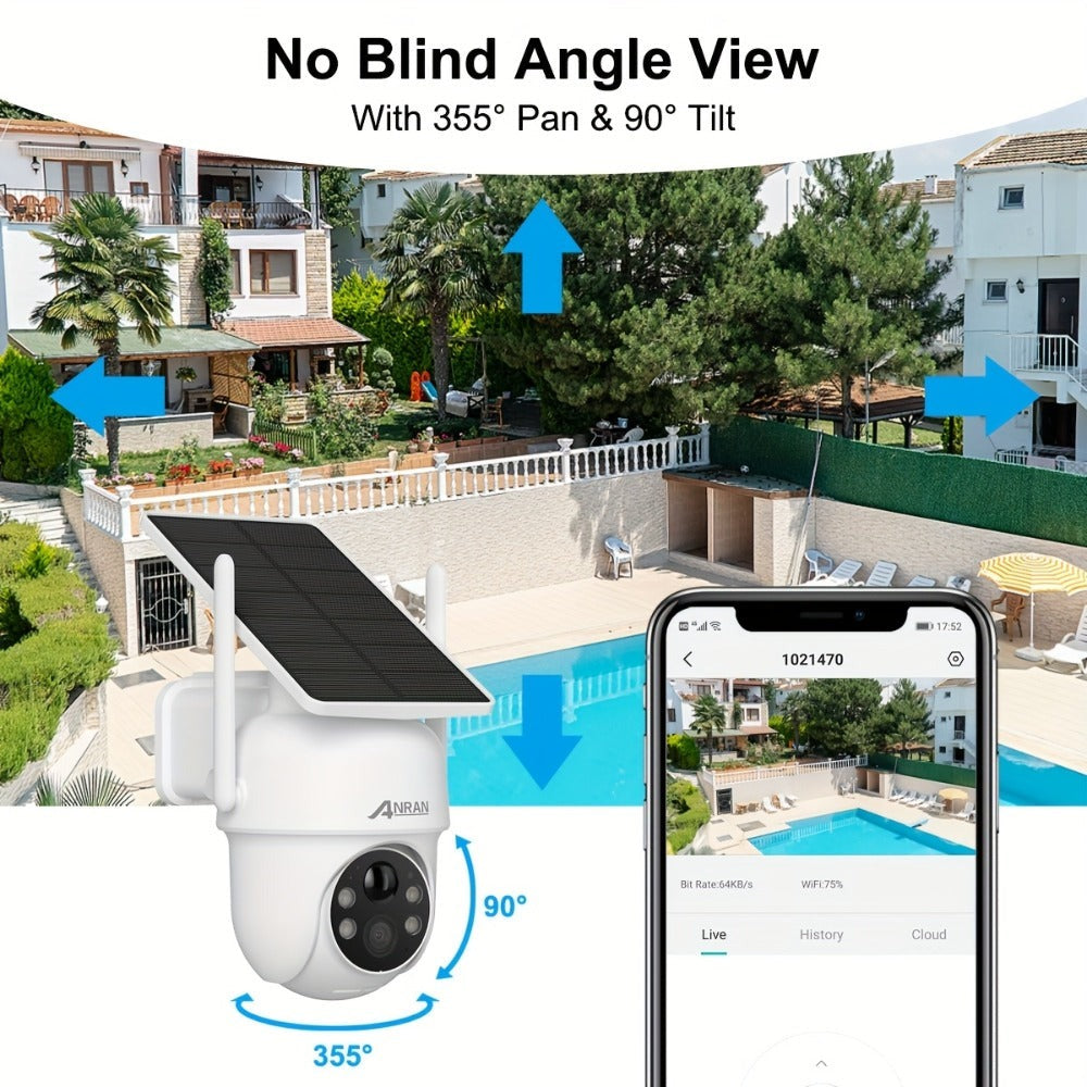 2 cámaras de seguridad solar ANRAN inalámbricas para exteriores, cámara WiFi 2.4G para seguridad del hogar con panel solar fijo, PTZ 360° para vigilancia doméstica, detección de humanos PIR, visión nocturna en color, comunicación bidireccional, color blan