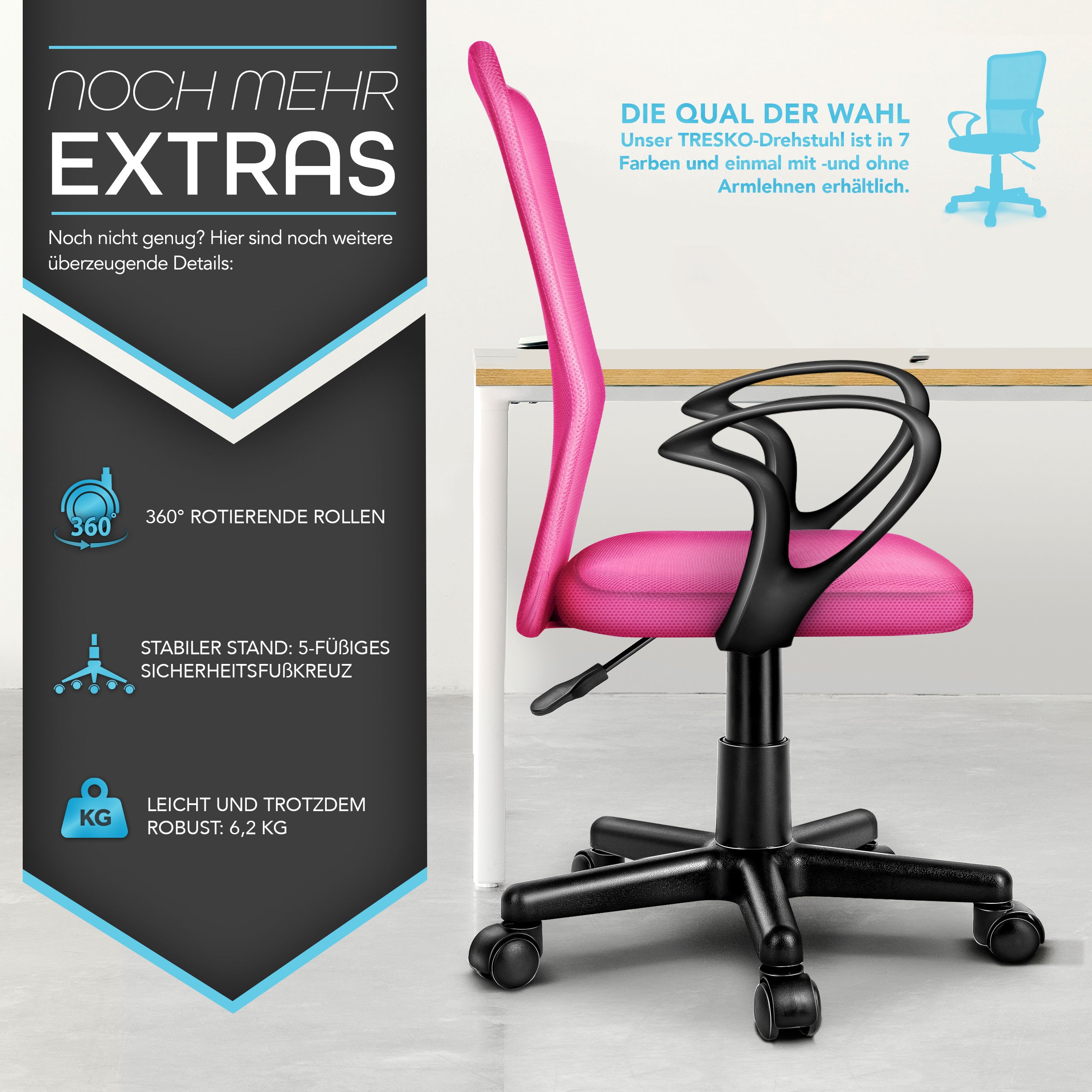 Silla de Oficina TRESKO® con Reposabrazos, Altura Ajustable Continua | Silla Giratoria de Malla Transpirable | Silla de Escritorio con Ruedas de Plástico Ligeras, Superficie Acolchada, Ajuste Ergonómico | Silla de Ordenador Ideal para Oficina en Casa, Hab